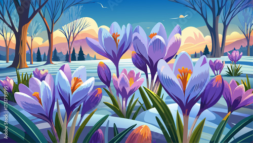 Very beautiful crocuses blooming in early February during mild winter in central Virginia, adding soft purple hues to the cold garden landscape.
