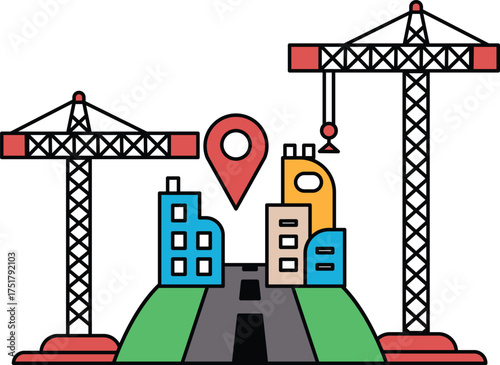 A city skyline with a large crane in the background