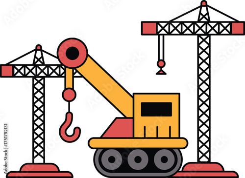 A black and white drawing of a crane and a crane truck