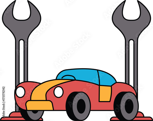 A car is parked next to a set of wrenches
