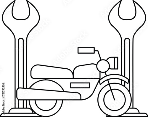 A black and white drawing of a motorcycle with a wrench on it