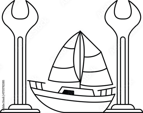 A black and white drawing of a boat with a sail and two large mechanical tools