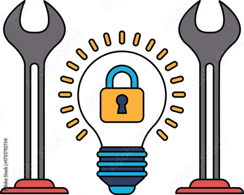 A light bulb is surrounded by two wrenches and a lock