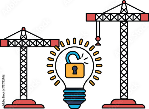A drawing of two cranes with a light bulb in between them