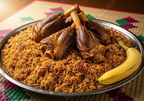 Traditional somali rice dish bariis iskukaris served with tender slow cooked lamb shanks
