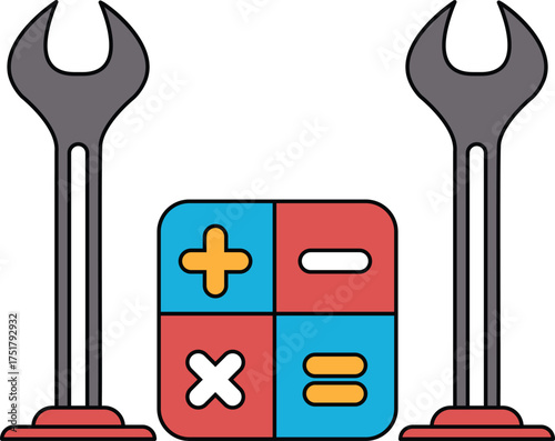 A black and white drawing of a wrench and a calculator with the numbers 1, 2, 3