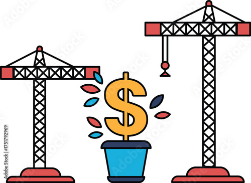Two cranes are shown with a dollar sign in the middle