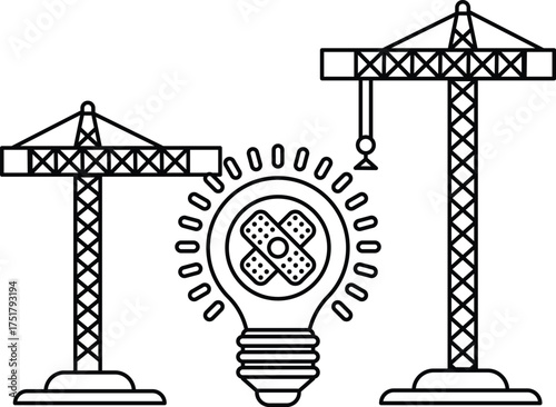 A construction site with two cranes and a light bulb