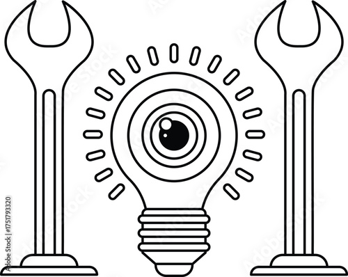 A light bulb is surrounded by two wrenches