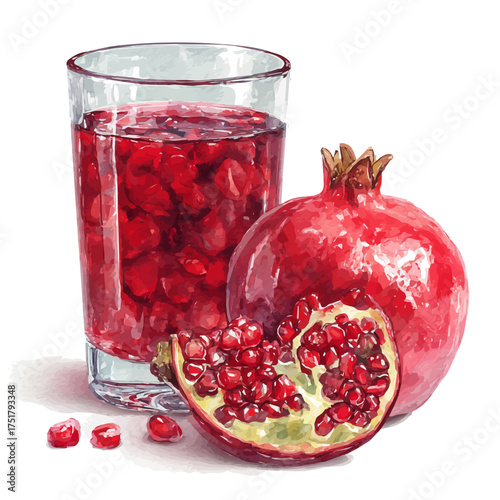 Watercolor Pomegranate Juice vector, artistic painting style, high-resolution illustration on a pure white background.