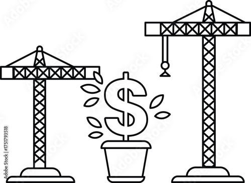 Two cranes are shown with a dollar sign in the middle