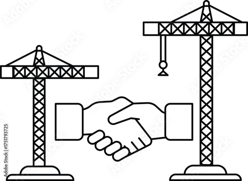 Two hands shaking in front of a crane