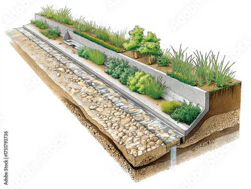 Bioswale system – Cutaway 3D blueprint of bioswale drainage system with gravel bed, soil layers, and native plant roots.
