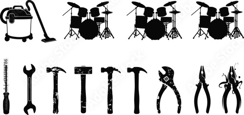 Black silhouette tool and instrument vector set, hammer, wrench, pliers, screwdriver, drum set, vacuum cleaner illustration, isolated design