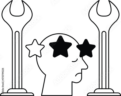 A man with a star on his head is surrounded by two large metal poles