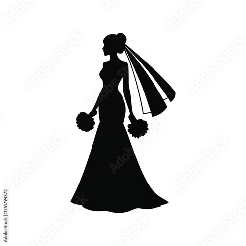Elegant bride silhouette in wedding gown holding bouquets with flowing veil