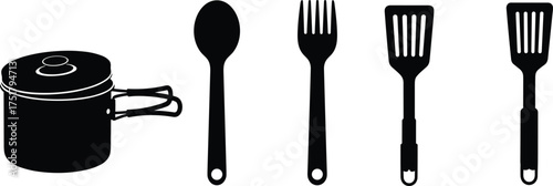 Black silhouette vector illustration of cooking pot, spoon, fork, spatula, kitchen utensils, cookware tools, camping equipment, food preparation