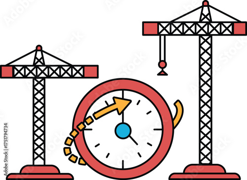 A clock is shown with a construction crane in the background