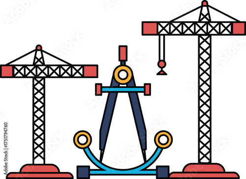 A construction site with cranes and a large measuring device