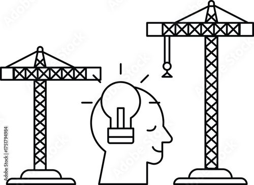 A man with a light bulb on his head is standing next to a crane