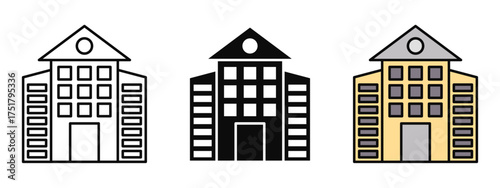 College icon available in stroke, fill, and color style with a white background, ideal for representing higher education, universities, institutions, and academic campuses in educational designs.