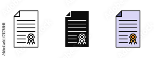 Certificate icon in stroke, fill, and color style with a white background, perfect for education, achievement, award, diploma, graduation, and certification-related designs.