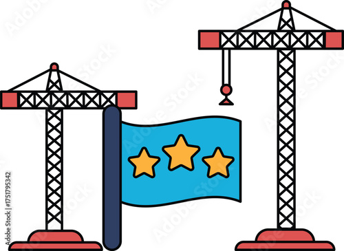 A flag with three stars is being hoisted by two cranes