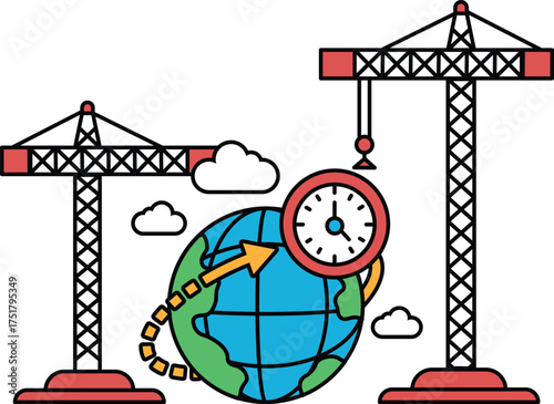 A black and white drawing of a clock with a globe and two cranes