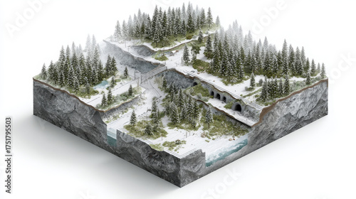 Alpine ecosystem – Cutaway 3D concept of an alpine ecosystem with vegetation zones, snow cover, and wildlife tunnels.