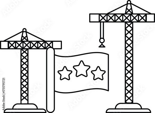 A flag with three stars is being hoisted by two cranes