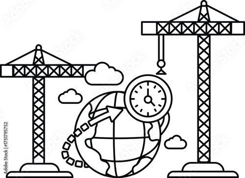 A black and white drawing of a clock with a globe and two cranes