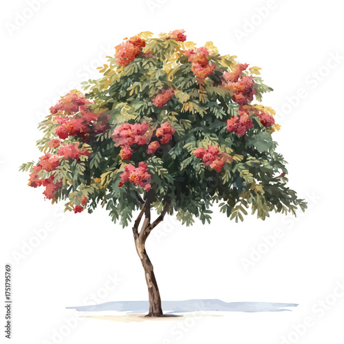 Rowan Tree watercolor vector, hand-painted style, high-quality illustration isolated on white background.