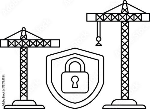 A black and white drawing of two cranes and a security gate