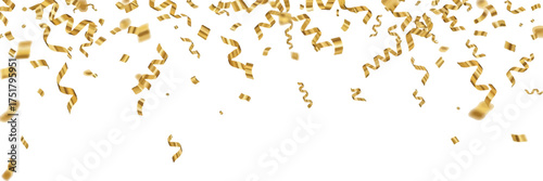 Festive gold confetti and streamers falling perfect for celebrations parties and special events isolated on a white background
