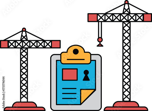A construction site with cranes and a clipboard