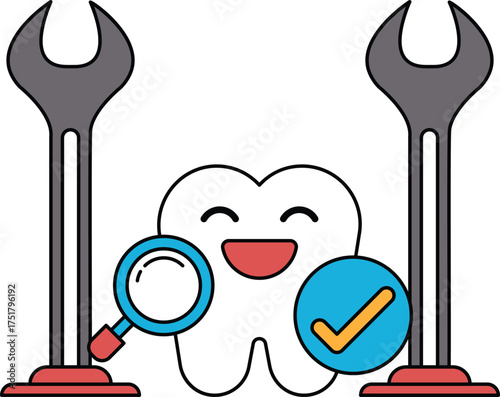 A cartoon tooth is smiling and holding a magnifying glass