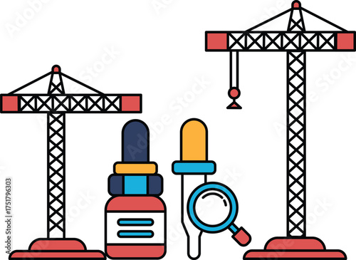 A black and white drawing of two cranes and a bottle of medicine