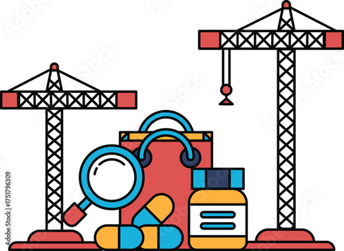 A black and white drawing of a construction site with a crane and a bag