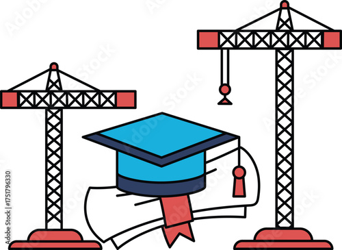 A construction site with a graduation cap and diploma on the ground