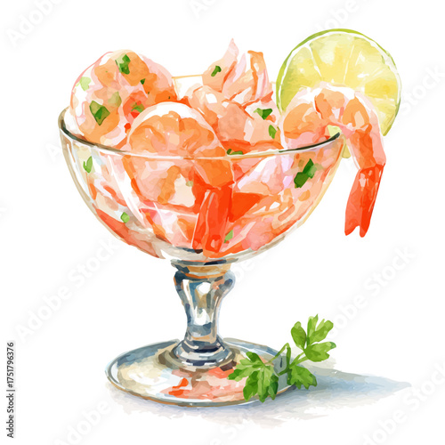Shrimp Cocktail watercolor vector illustration, high-quality artwork isolated on a pure white background.