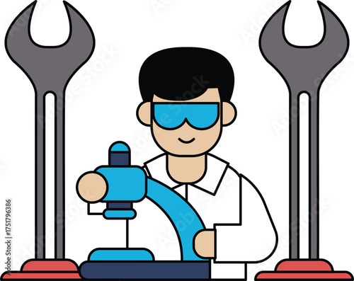 A man in a lab coat is working on a machine