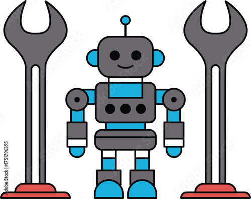 A robot is standing next to two mechanical tools