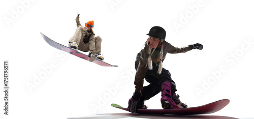 Fotografi Snowboarding riders isolated on white background.