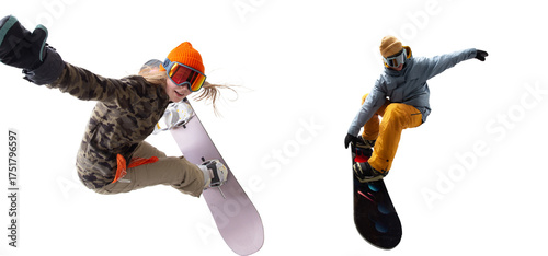 Snowboarding riders isolated on white background.