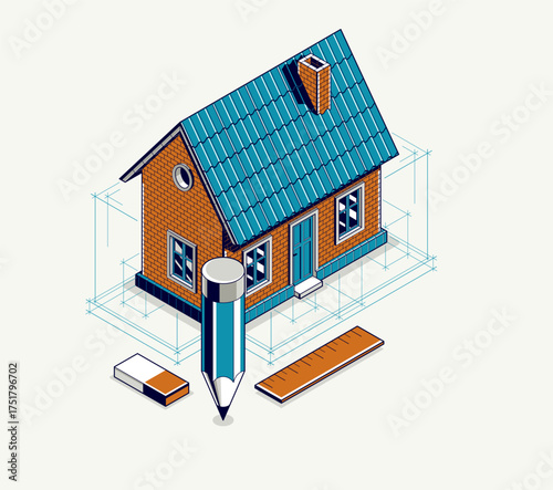 House project concept, 3D isometric vector illustration of a small house building project, construction architectural model, residential family small house.