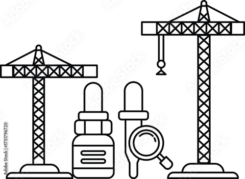 A black and white drawing of two cranes and a bottle of medicine