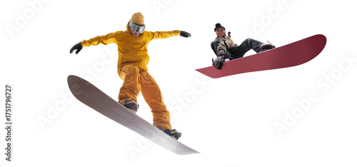 Snowboarding riders isolated on white background.