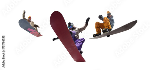 Snowboarding riders isolated on white background.
