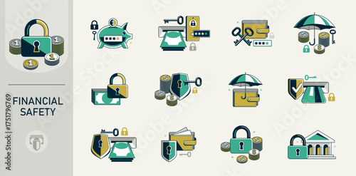 Safety of finances vector detailed icons set, financial risk, secured savings, protected bank account, insurance and privacy protection.