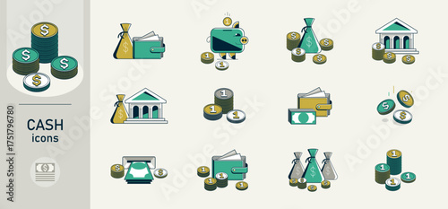 Cash money vector detailed icons set, wealth and success concept bundle, exchange and refund theme, treasures and riches.